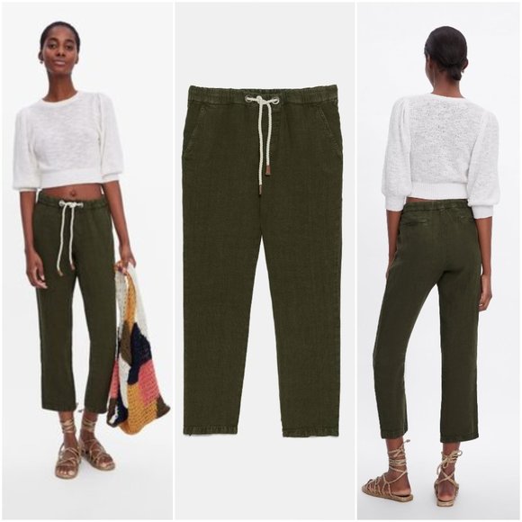 Zara Pants - ZARA 100% LINEN MID RISE DRAWSTRING CARGO JOGGERS